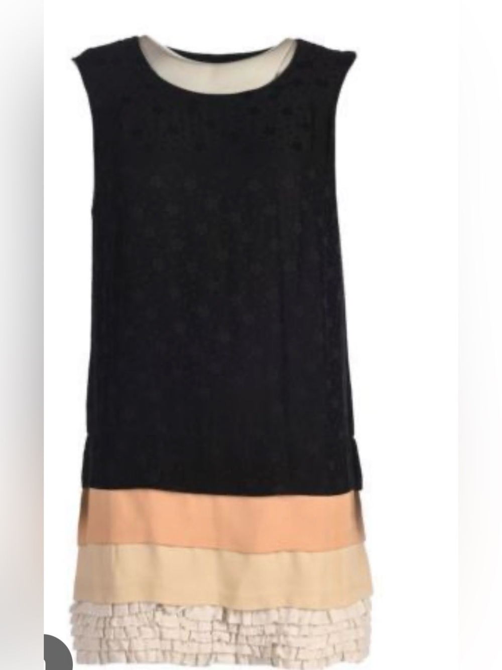 Women’s Black Sleeveless Layered Hem Top with Cream and Peach Panels